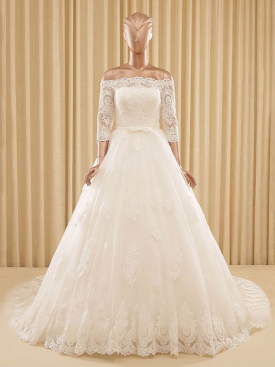 Ball Gown Off-the-shoulder Tulle Chapel Train Wedding Dresses With Appliques Lace #UKM00022571