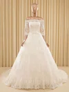 Custom A-line Off-the-shoulder Tulle Chapel Train Appliques Lace 3/4 Sleeve Wedding Dress #UKM00022571