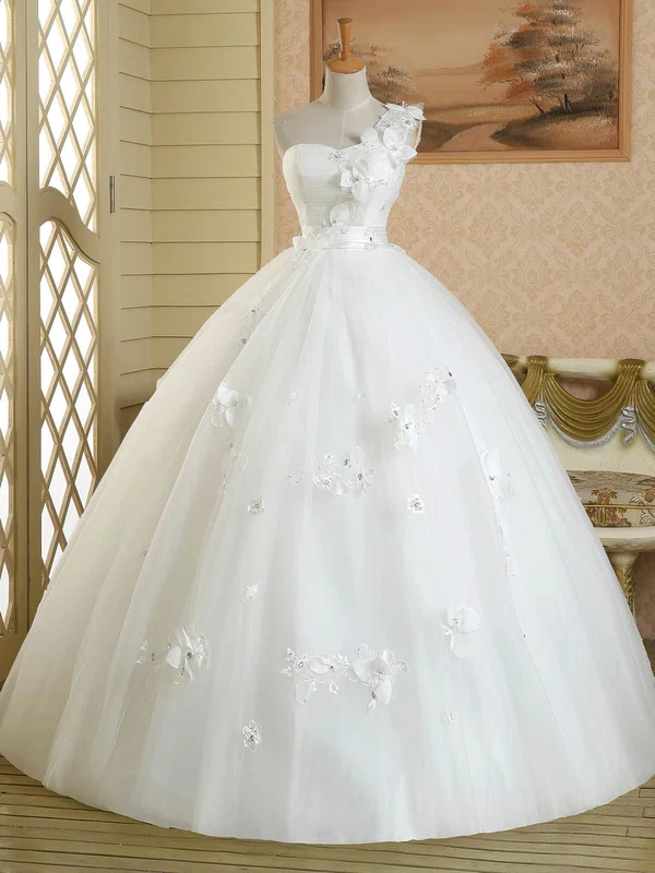 Ball Gown One Shoulder Tulle Floor-length Wedding Dresses With Appliques Lace #UKM00022582