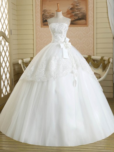 Ball Gown Straight Tulle Floor-length Wedding Dresses With Appliques Lace #UKM00022583