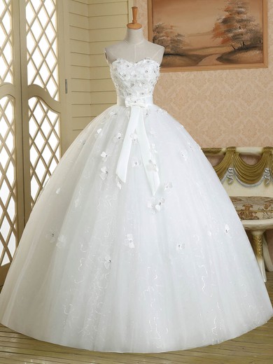 Original Ball Gown Sweetheart Tulle Floor-length Sashes / Ribbons White Wedding Dresses #UKM00022584