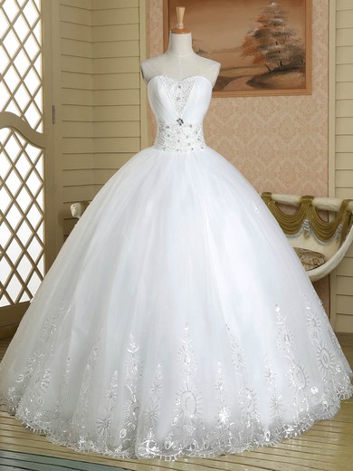 Promotion Ball Gown Sweetheart Tulle Floor-length Beading Lace-up White Wedding Dresses #UKM00022586