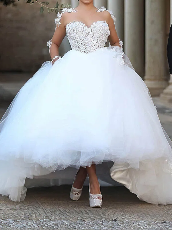 Ball Gown/Princess Illusion Tulle Cathedral Train Wedding Dresses With Appliques Lace #UKM00022594