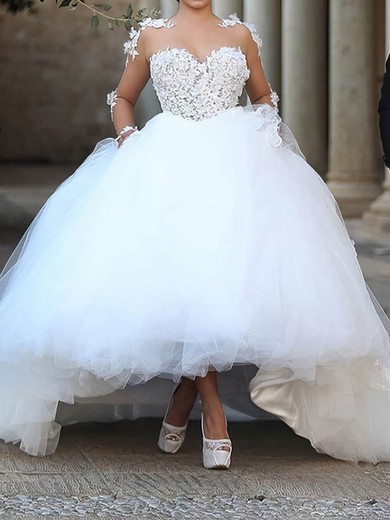 Ball Gown Illusion Tulle Cathedral Train Wedding Dresses With Appliques Lace #UKM00022594