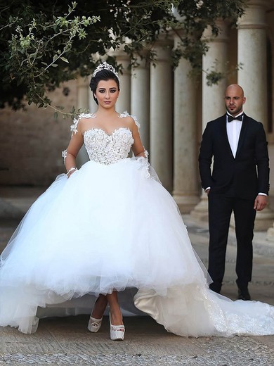 Ball Gown Illusion Tulle Cathedral Train Wedding Dresses With Appliques Lace #UKM00022594