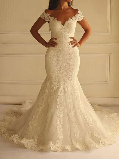 Trumpet/Mermaid Off-the-shoulder Lace Tulle Court Train Wedding Dresses With Appliques Lace #UKM00022596