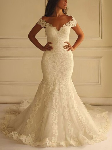 Trumpet/Mermaid Off-the-shoulder Lace Tulle Court Train Wedding Dresses With Appliques Lace #UKM00022596
