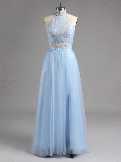 A-line Halter Tulle Sweep Train Lace Prom Dresses #ZPUKM020100079