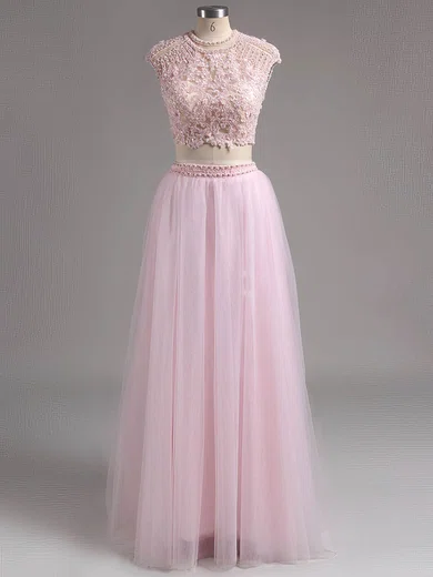 A-line Scoop Neck Tulle Sweep Train Beading Prom Dresses #ZPUKM020100089