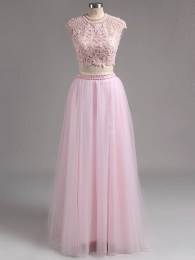 A-line Scoop Neck Tulle Sweep Train Beading Prom Dresses #ZPUKM020100089
