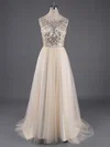 Champagne Tulle Scoop Neck Crystal Detailing Floor-length Open Back Prom Dresses #ZPUKM020100138