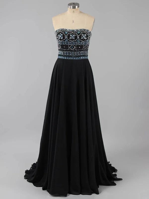 Elegant Strapless Chiffon Crystal Detailing Floor-length Black Prom Dresses #ZPUKM020100631