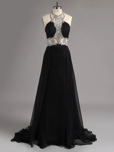 A-line Halter Chiffon Floor-length Beading Prom Dresses #ZPUKM020100646