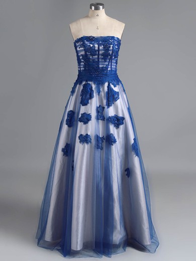 Princess Strapless Tulle Floor-length Appliques Lace Prom Dresses #ZPUKM020100809