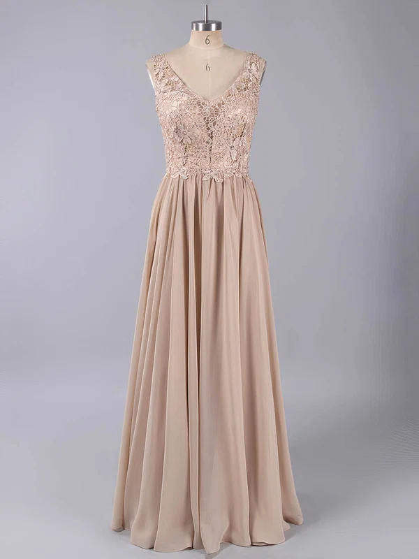 A-line V-neck Chiffon Floor-length Beading Prom Dresses #ZPUKM020101163
