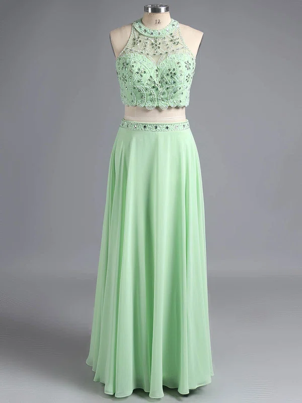 Classy Scoop Neck Green Chiffon Floor-length Beading Two-pieces Prom Dress #ZPUKM020101232