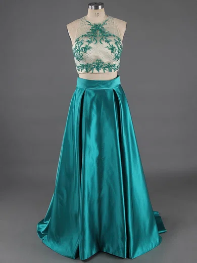 Scoop Neck Satin Tulle Court Train Crystal Detailing Famous Prom Dress #ZPUKM020101521