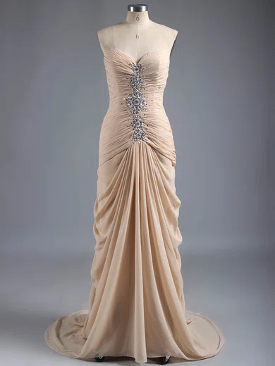 Sheath/Column Sweetheart Chiffon Sweep Train Beading Prom Dresses #ZPUKM02014216
