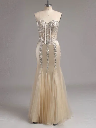 Trumpet/Mermaid Sweetheart Satin Tulle Floor-length Beading Prom Dresses #ZPUKM02015991