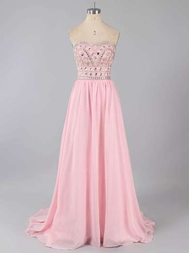 A-line Sweetheart Chiffon Sweep Train Crystal Detailing Prom Dresses #ZPUKM02016050