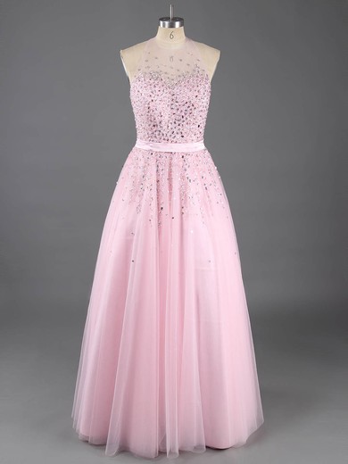 Princess Scoop Neck Tulle Floor-length Beading Prom Dresses #ZPUKM02016538