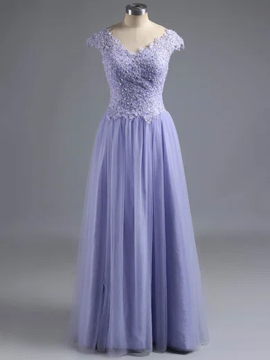Princess V-neck Tulle Sweep Train Beading Prom Dresses #ZPUKM02016570