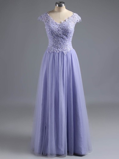 Princess V-neck Tulle Sweep Train Beading Prom Dresses #ZPUKM02016570