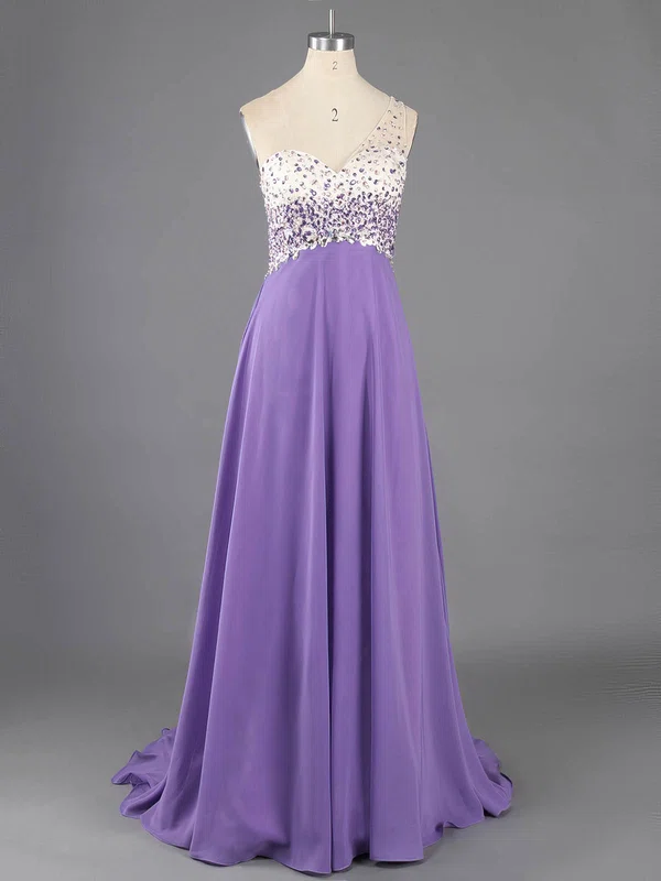 A-line One Shoulder Chiffon Sweep Train Crystal Detailing Prom Dresses #ZPUKM02016732