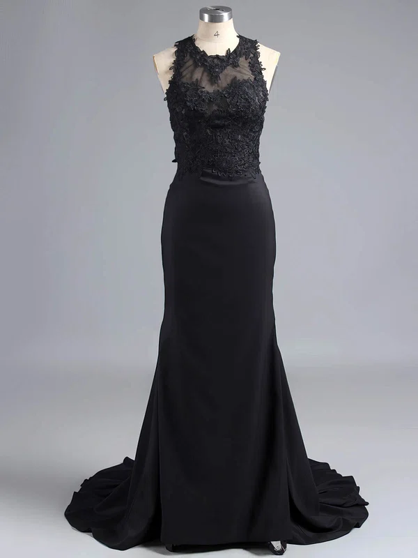 Trumpet/Mermaid Black Silk Like Satin Appliques Lace Court Train Prom Dress #ZPUKM02017318
