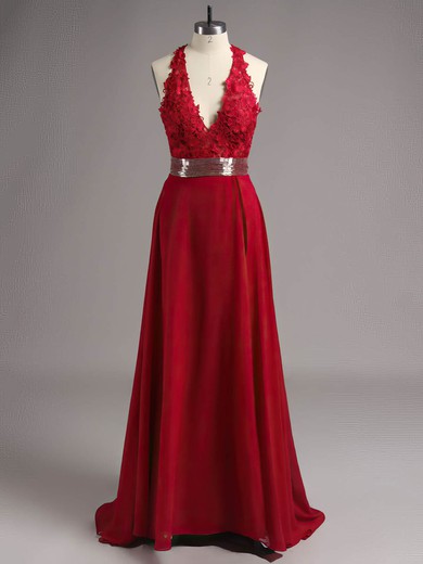 A-line V-neck Chiffon Floor-length Appliques Lace Prom Dresses #ZPUKM02018534