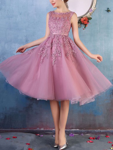 A-line Scoop Neck Tulle Knee-length Beading Prom Dresses #ZPUKM020102050