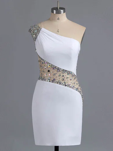 Sheath/Column Chiffon Tulle Short/Mini Crystal Detailing One Shoulder Prom Dresses #ZPUKM02016008