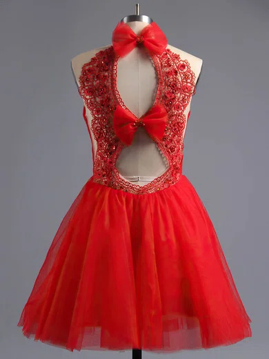 Red A-line Scoop Neck Tulle Short/Mini Beading New Style Prom Dresses #ZPUKM02016973