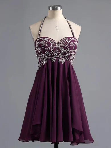 Cheap Empire Chiffon with Beading Short/Mini Halter Prom Dresses #ZPUKM02042381