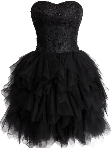 A-line Strapless Tulle Ruffle Tiered Prom Dresses With Appliques #UKM02019798