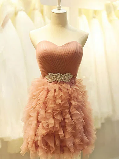 Ball Gown Strapless Tulle Ruffle Tiered Prom Dresses With Beading #UKM02051775