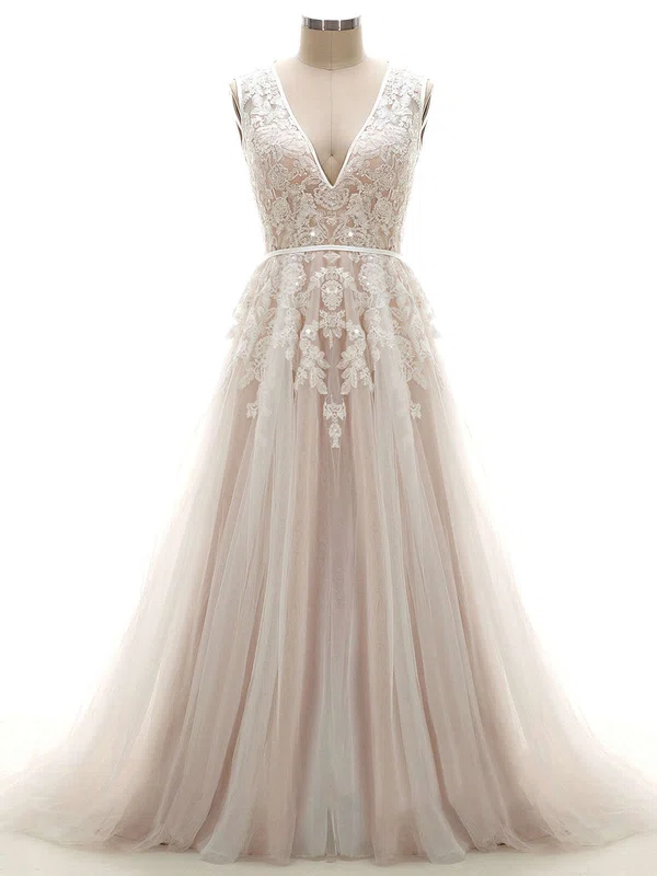 Ball Gown V-neck Tulle Court Train Wedding Dresses With Appliques Lace #UKM00022624