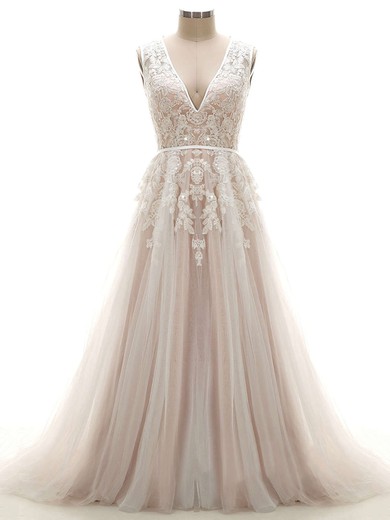 Custom A-line V-neck Tulle Appliques Lace Court Train Open Back Wedding Dresses #UKM00022624