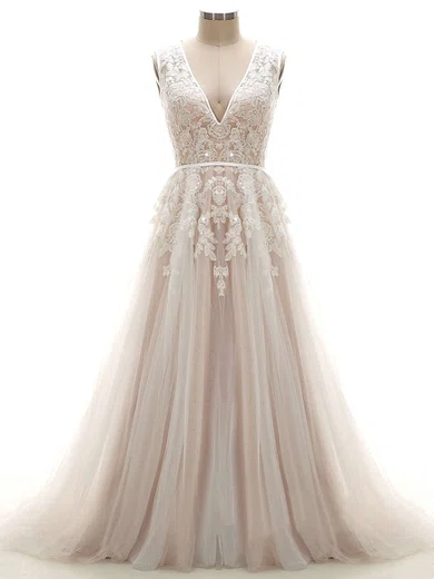 Ball Gown/Princess V-neck Tulle Court Train Wedding Dresses With Appliques Lace #UKM00022624