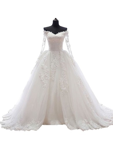Modest Ball Gown Off-the-shoulder Tulle Appliques Lace Chapel Train Long Sleeve Wedding Dresses #UKM00022625