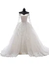 Ball Gown Off-the-shoulder Tulle Chapel Train Wedding Dresses With Appliques Lace #UKM00022625