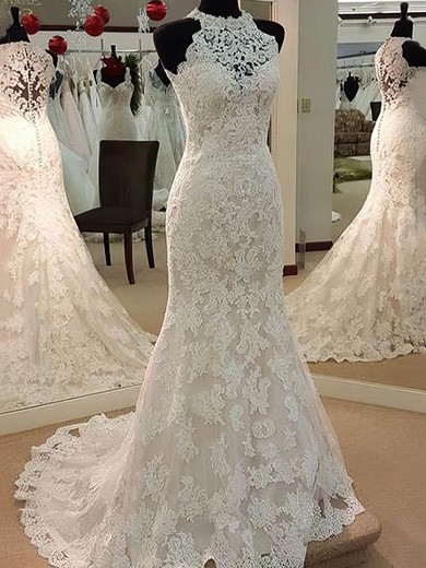 Trumpet/Mermaid High Neck Tulle Sweep Train Wedding Dresses With Appliques Lace #UKM00022628