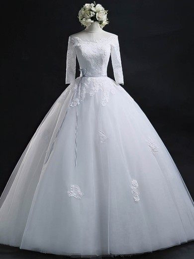 Ball Gown Off-the-shoulder Tulle Floor-length Wedding Dresses With Appliques Lace #UKM00022630