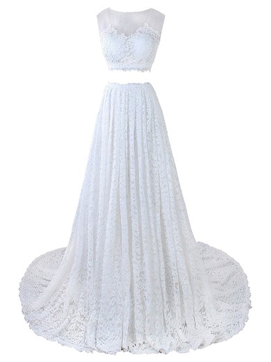 Promotion A-line Scoop Neck Lace Tulle Appliques Lace Court Train Two Piece Wedding Dresses #UKM00022635