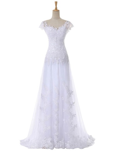 A-line V-neck Tulle Appliques Lace Sweep Train Cap Straps Discounted Wedding Dresses #UKM00022641