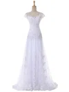 A-line V-neck Tulle Sweep Train Wedding Dresses With Appliques Lace #UKM00022641