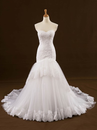 Trumpet/Mermaid Sweetheart Tulle Court Train Wedding Dresses With Appliques Lace #UKM00022648