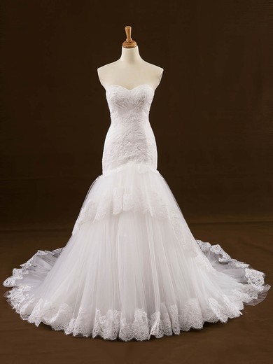 Trumpet/Mermaid Sweetheart Tulle Appliques Lace Court Train Original Wedding Dresses #UKM00022648