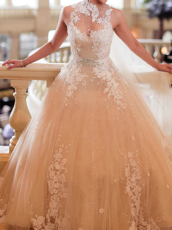 Ball Gown/Princess High Neck Tulle Sweep Train Wedding Dresses With Appliques Lace #UKM00022650