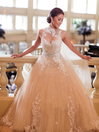Ball Gown High Neck Tulle Sweep Train Wedding Dresses With Appliques Lace #UKM00022650